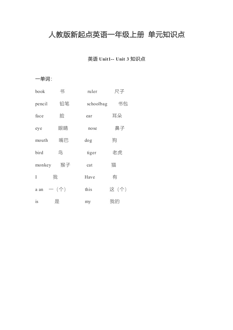 一年级英语上册单元知识点（人教一起点）-墨痕题库