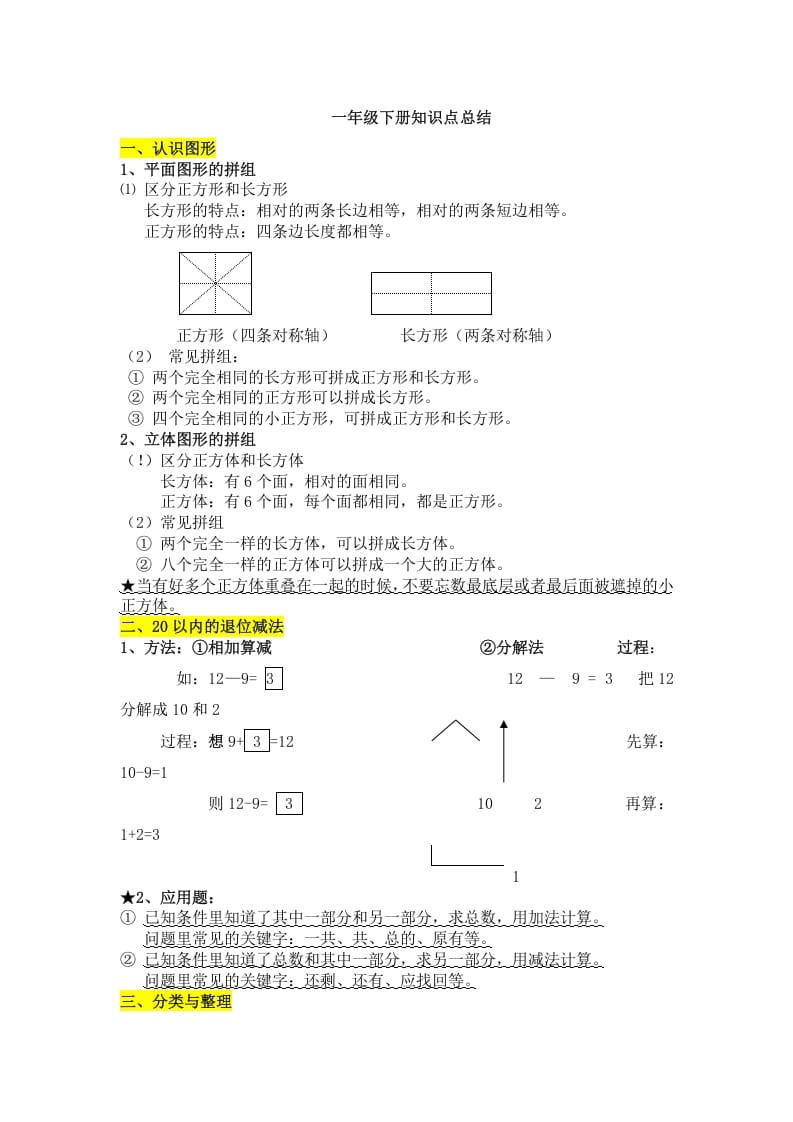 一年级数学下册知识点总结-墨痕题库