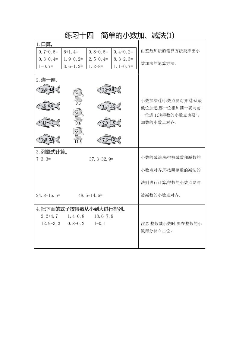 三年级数学下册14练习十四简单的小数加、减法（1）-墨痕题库