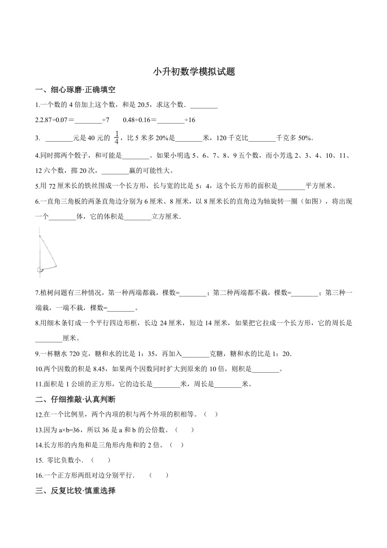 六年级数学下册小升初模拟试题（19）苏教版（含解析）-墨痕题库
