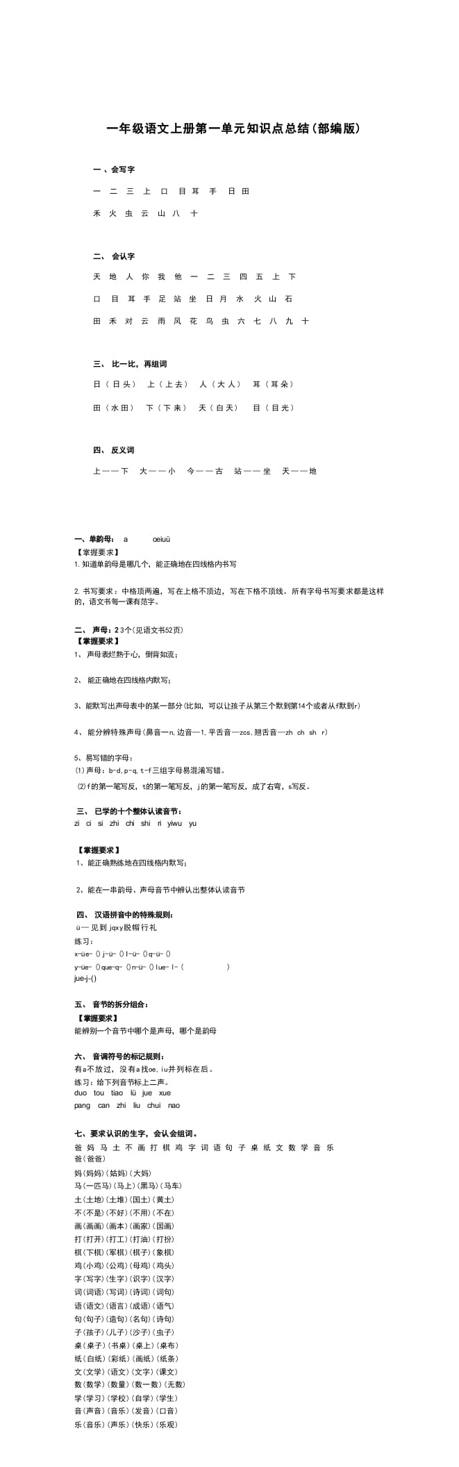 一年级语文上册11单元知识点汇总（部编版）-墨痕题库