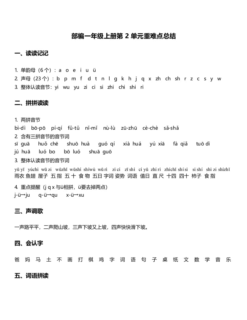 一年级语文上册-第2单元重难点知识总结（部编版）-墨痕题库