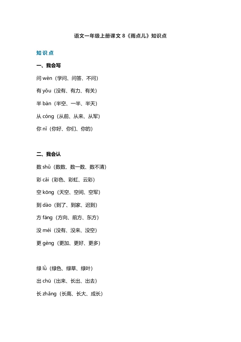 一年级语文上册31课文8《雨点儿》知识点（部编版）-墨痕题库