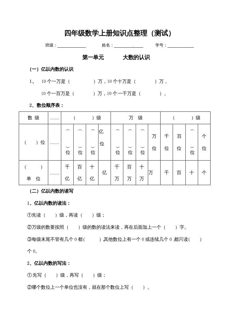 四年级数学上册【必考知识点】知识点整理（第1～2单元）（人教版）-墨痕题库