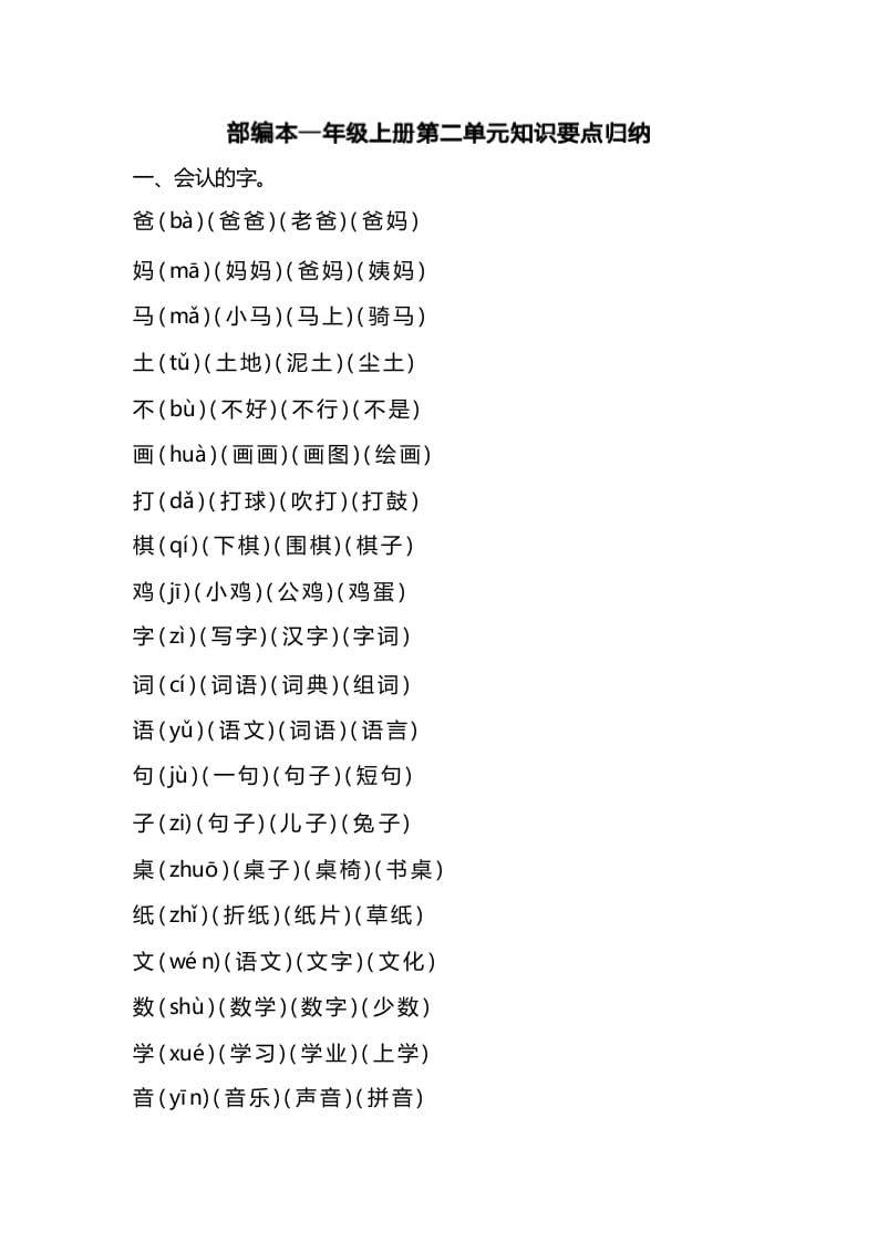 图片[1]-一年级语文上册第二单元识要点归纳（部编版）-墨痕题库