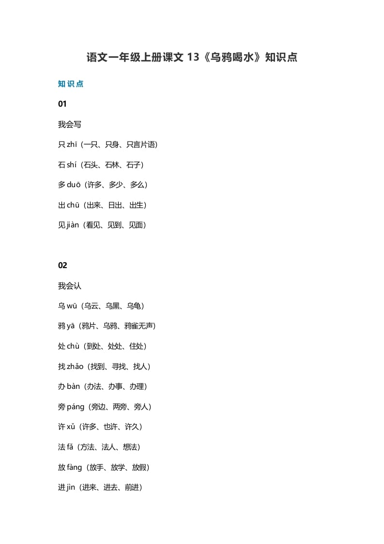 图片[1]-一年级语文上册36课文13《乌鸦喝水》知识点（部编版）-墨痕题库