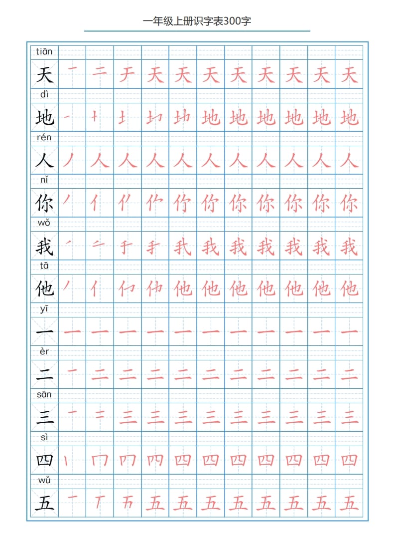 一年级语文上册识字表字帖（300字29页）PDF（部编版）-墨痕题库
