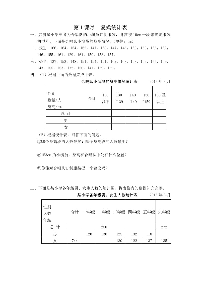 五年级数学上册第1课时复式统计表（苏教版）-墨痕题库