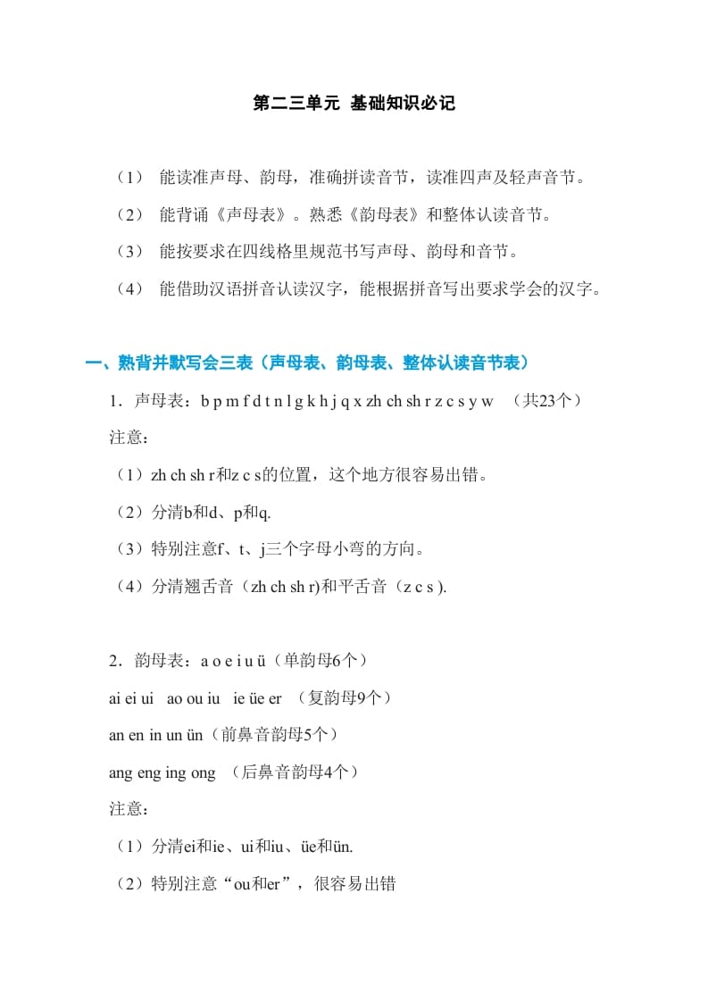 一年级语文上册第2、3单元基础知识必记（部编版）-墨痕题库