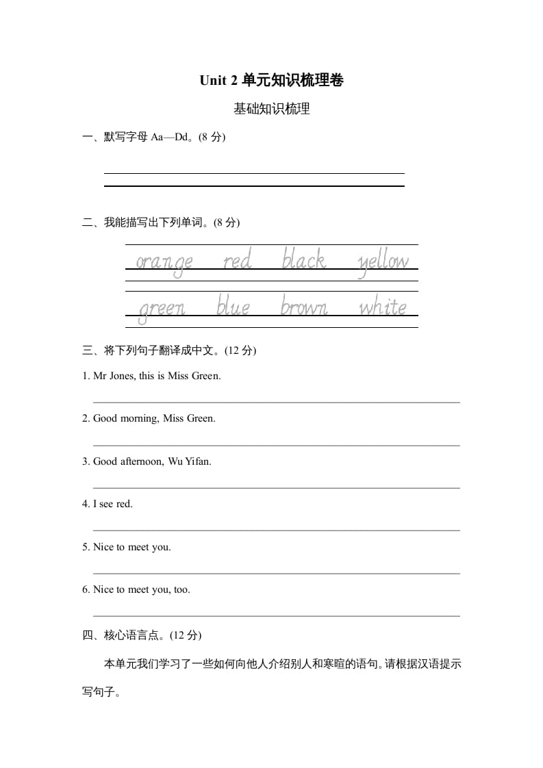 三年级英语上册Unit2单元知识梳理卷（人教PEP）-墨痕题库