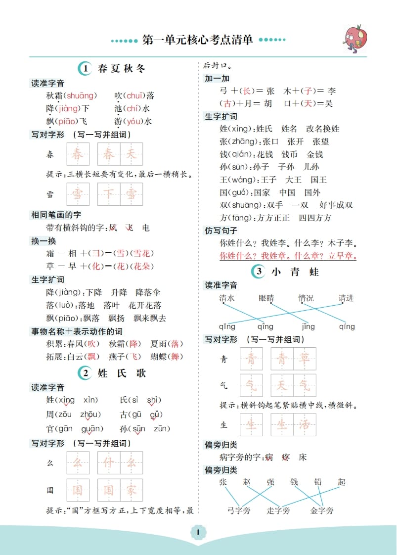 一年级语文下册第一单元核心考点清单-墨痕题库