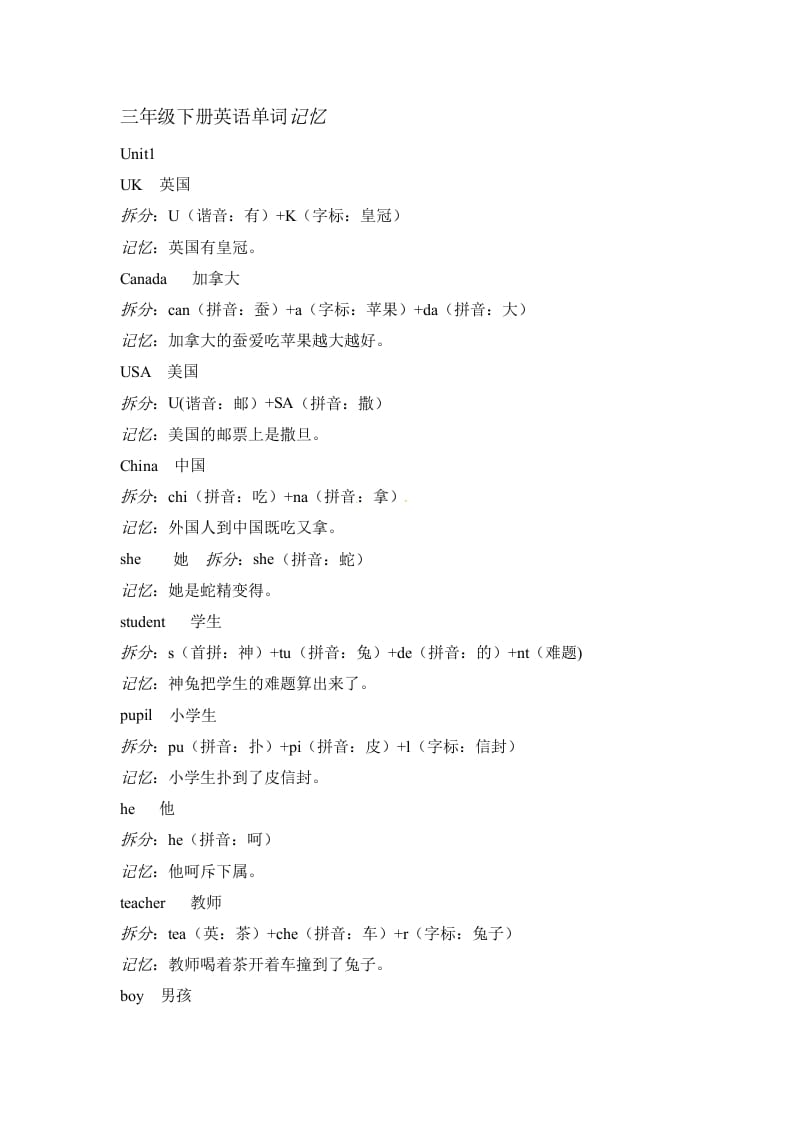 三年级英语下册素材-单词趣味记忆法｜人教（PEP）-墨痕题库