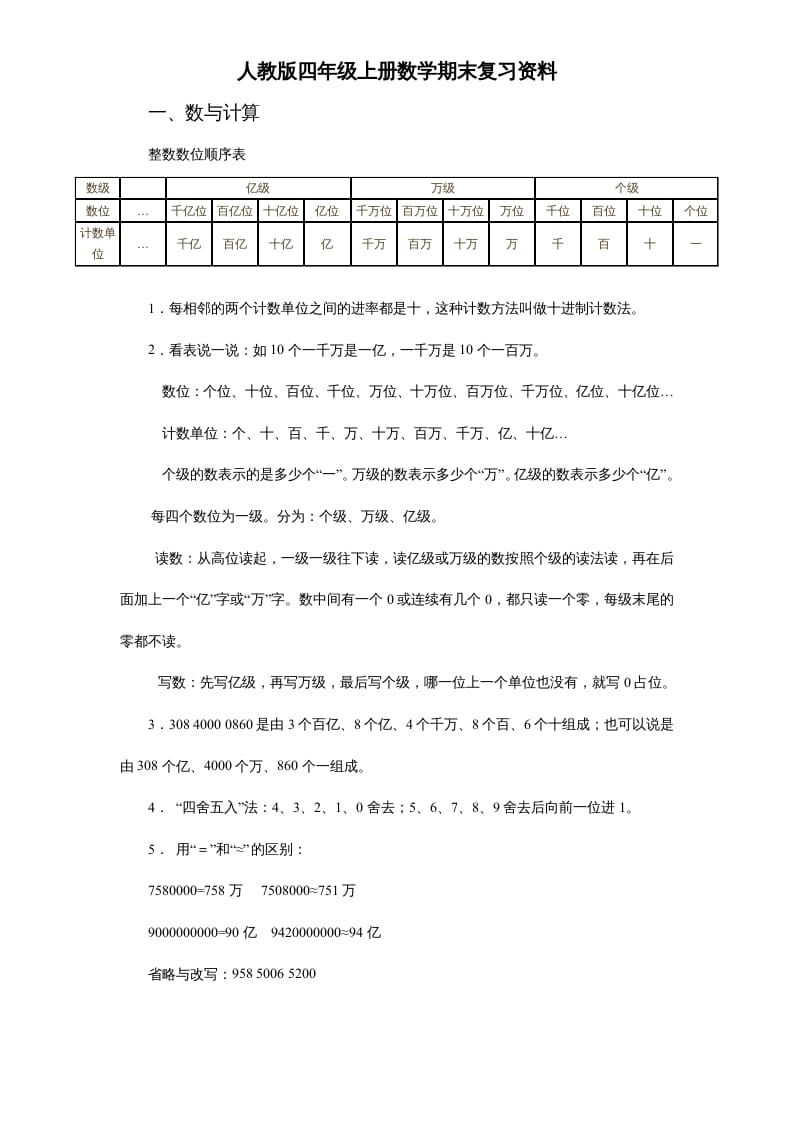 四年级数学上册人教版期末复习资料7页（人教版）-墨痕题库