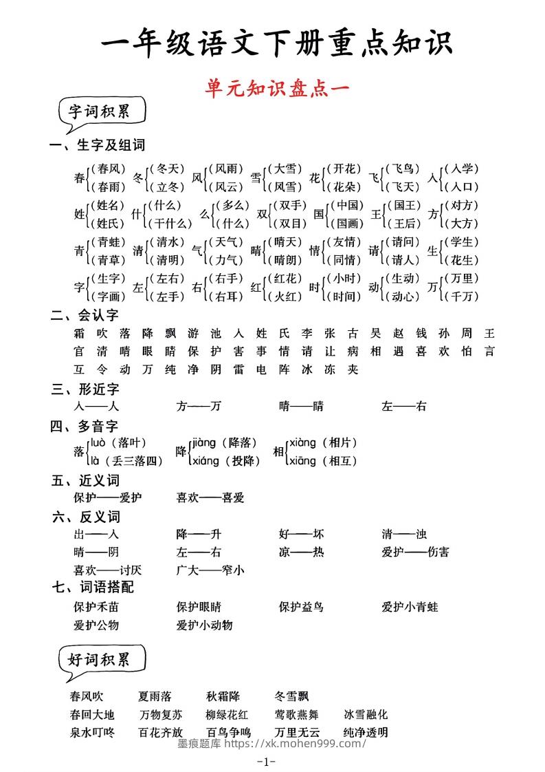 图片[1]-一年级语文单元知识盘点-墨痕题库