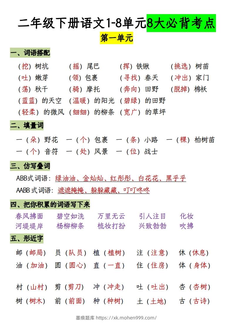 图片[1]-二下册语文1-8单元8大考点必背（1-4单元）(1)-墨痕题库