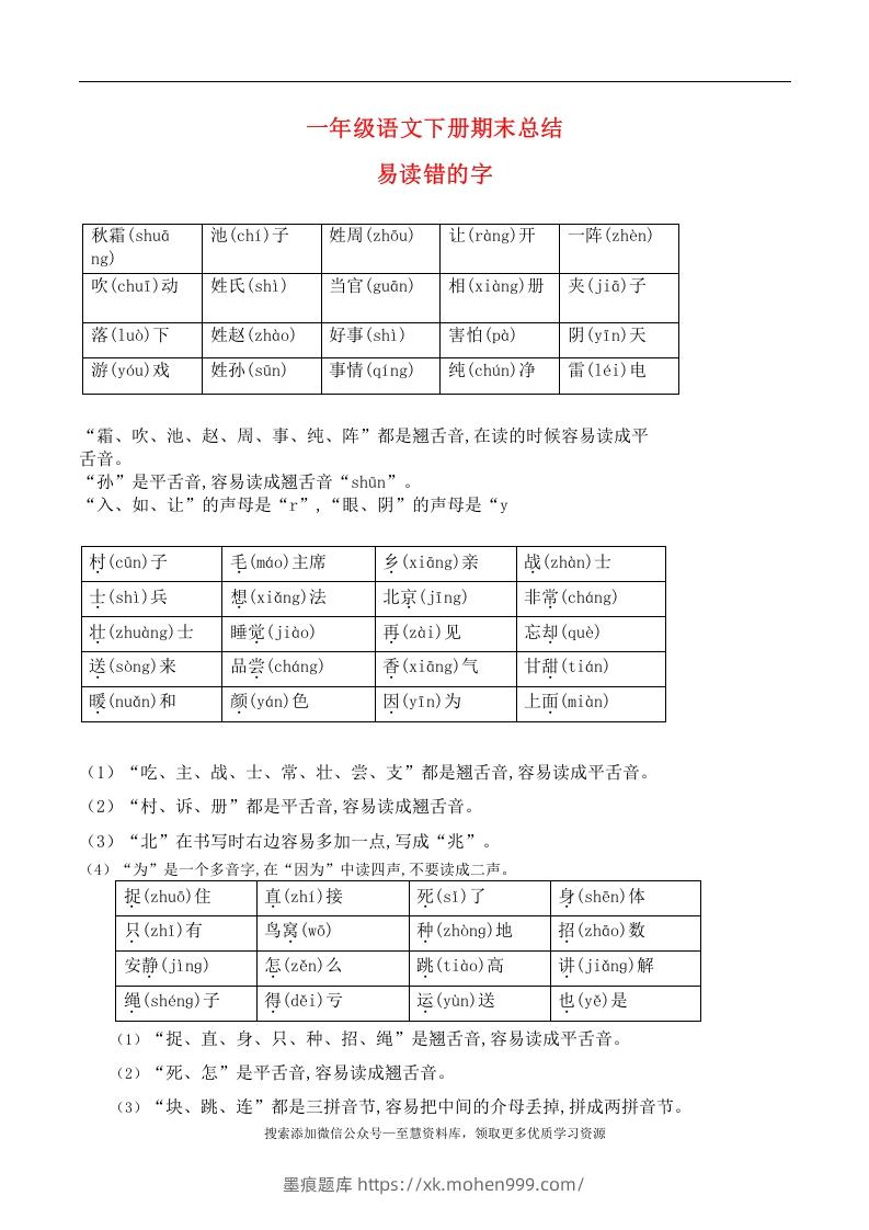 图片[1]-一年级语文下册期末总结—易读（写）错的字-墨痕题库