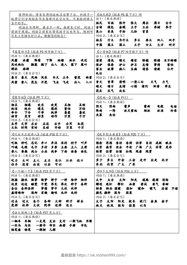 图片[1]-一年级下册语文课课贴-墨痕题库