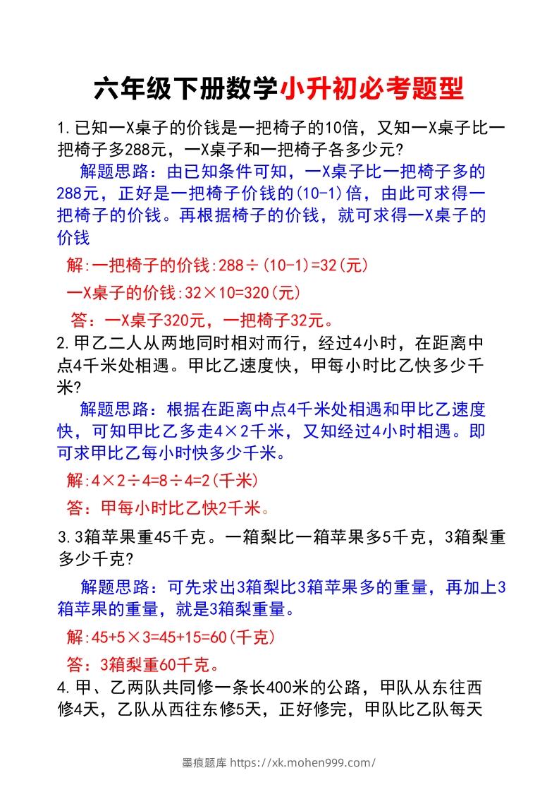 图片[1]-六年级下册数学小升初必考题型(答案)-墨痕题库