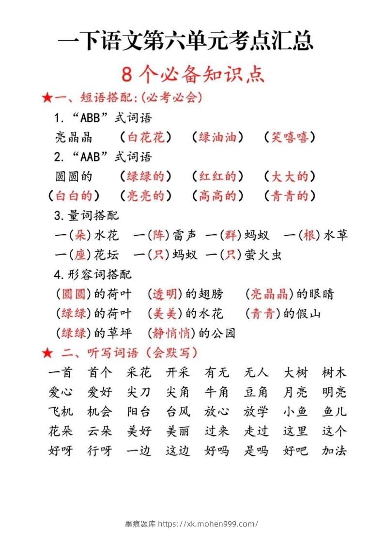 一下语文第六单元考点汇总-墨痕题库