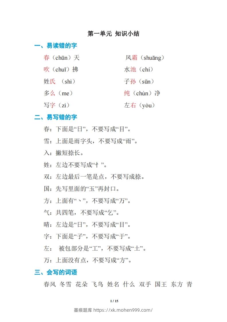 语文一年级下册期中复习知识要点-墨痕题库