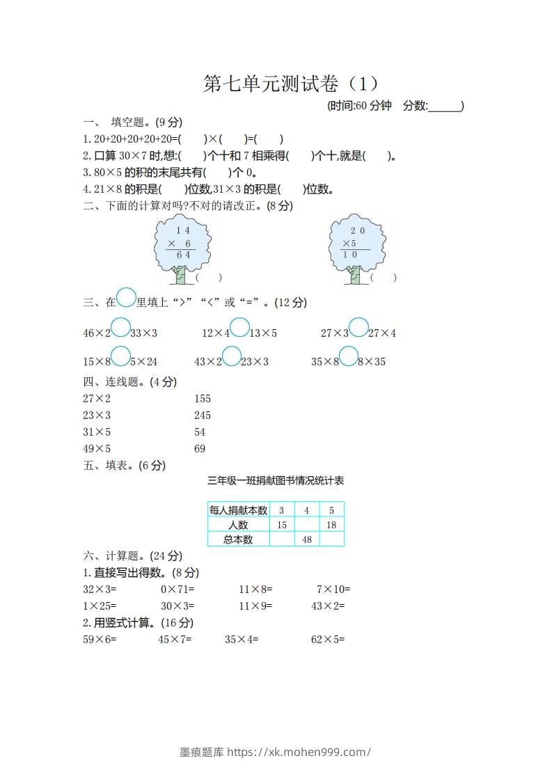 图片[1]-二（下）青岛版数学第七单元检测卷.1（54制）-墨痕题库