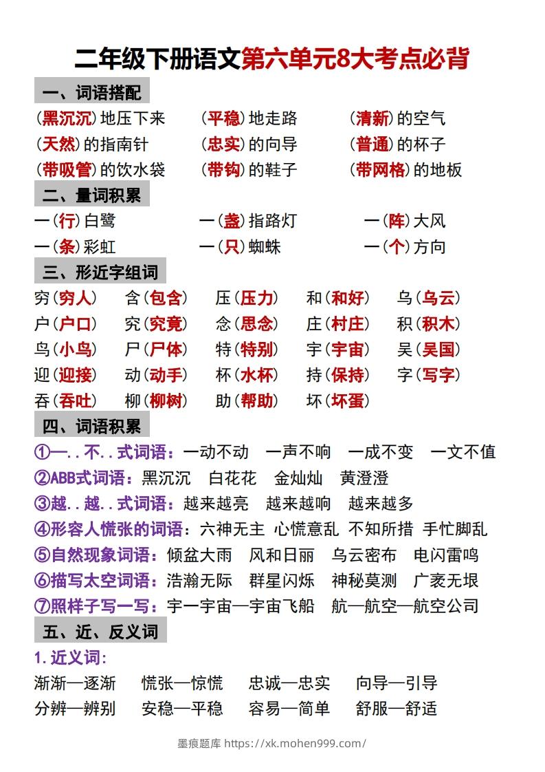 图片[1]-二年级下册语文第六单元8大考点必背-墨痕题库