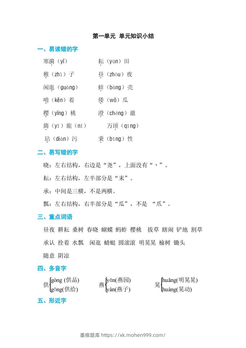图片[1]-五年级语文下册第一单元单元知识小结（部编版）-墨痕题库