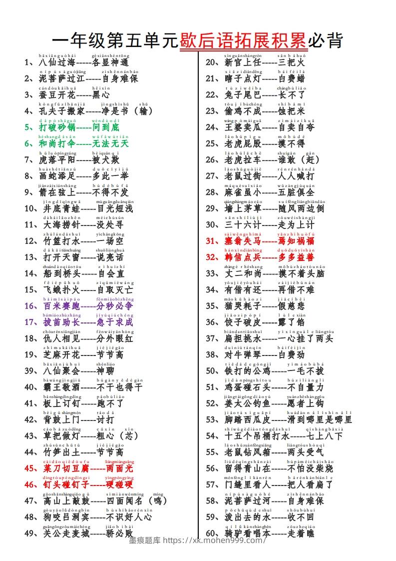 图片[1]-一下语文【歇后语拓展积累】第五单元-墨痕题库