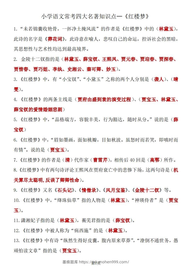 图片[1]-四大名著知识点汇总之《红楼梦》-墨痕题库