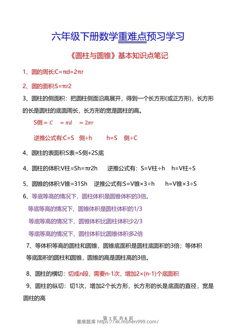 图片[1]-六年级下册数学重难点《圆柱与圆锥》-墨痕题库