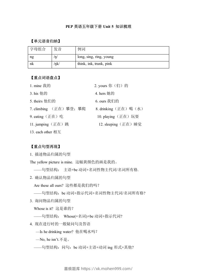 图片[1]-五年级英语下册单元知识梳理-Unit5Whosedogisit（人教PEP版）-墨痕题库