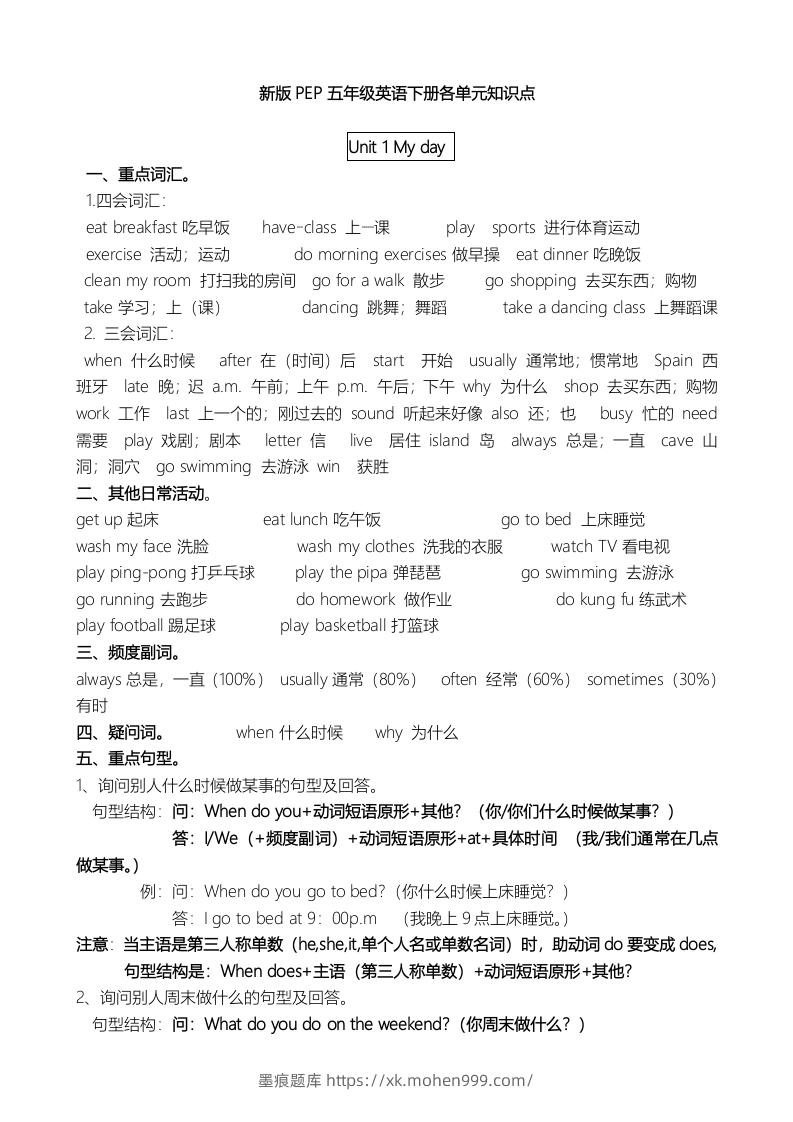 图片[1]-五年级英语下册单元知识点（人教PEP版）-墨痕题库
