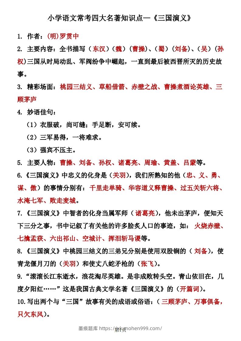 图片[1]-四大名著知识点汇总之《三国演义》-墨痕题库