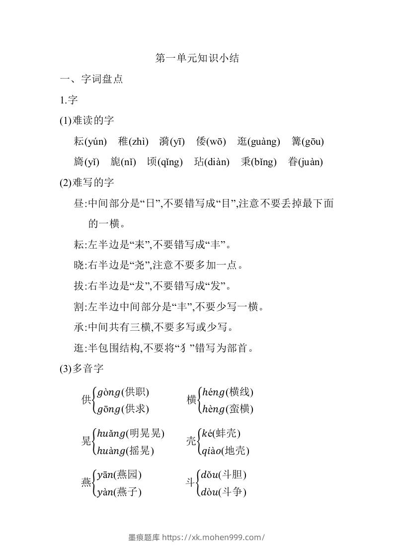 图片[1]-五年级语文下册第一单元知识小结（部编版）-墨痕题库