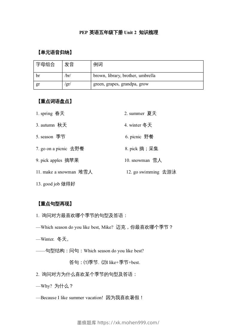 图片[1]-五年级英语下册【完美】单元知识梳理-Unit2Myfavouriteseason（人教PEP版）-墨痕题库