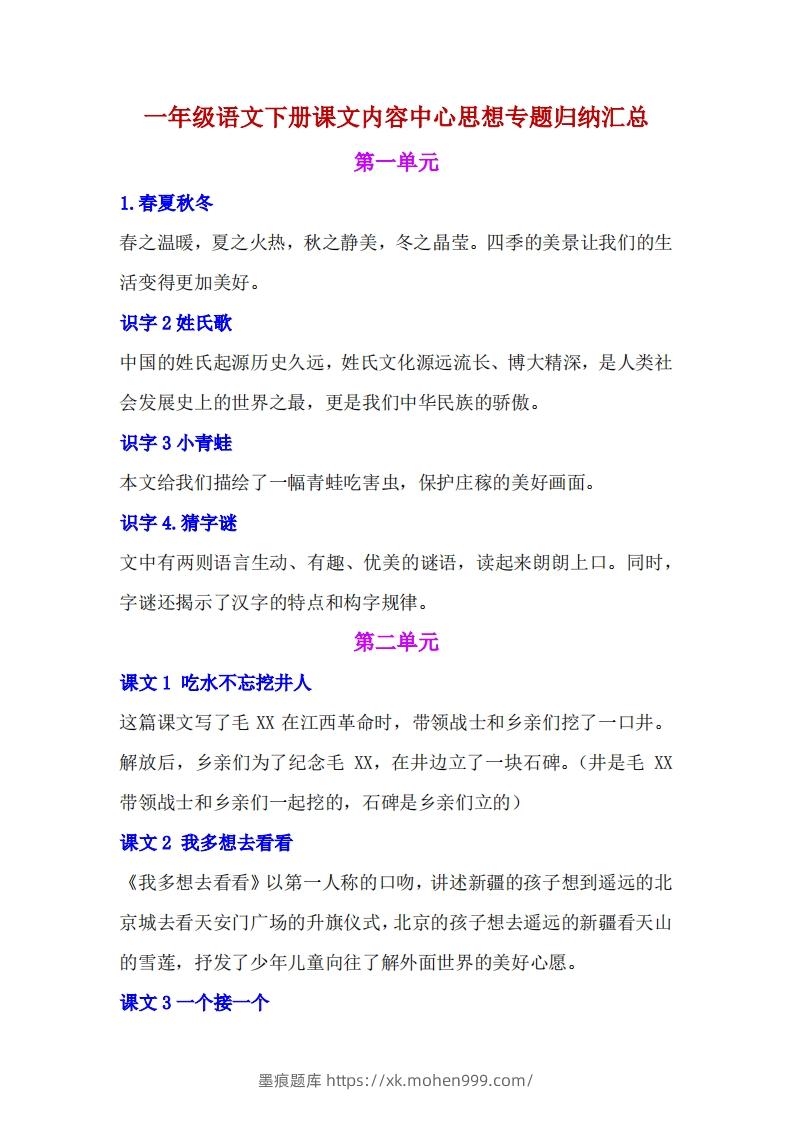 一年级语文下册课文内容中心思想专题归纳汇总-墨痕题库