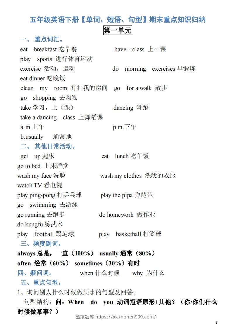 图片[1]-五年级英语下册素材-单词、短语、句型期末重点知识归纳（人教PEP版）-墨痕题库