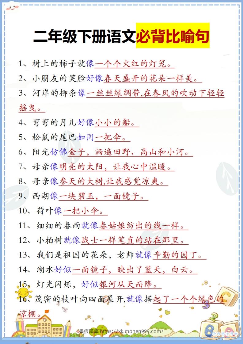 图片[1]-二下语文【必背比喻句汇总】-墨痕题库