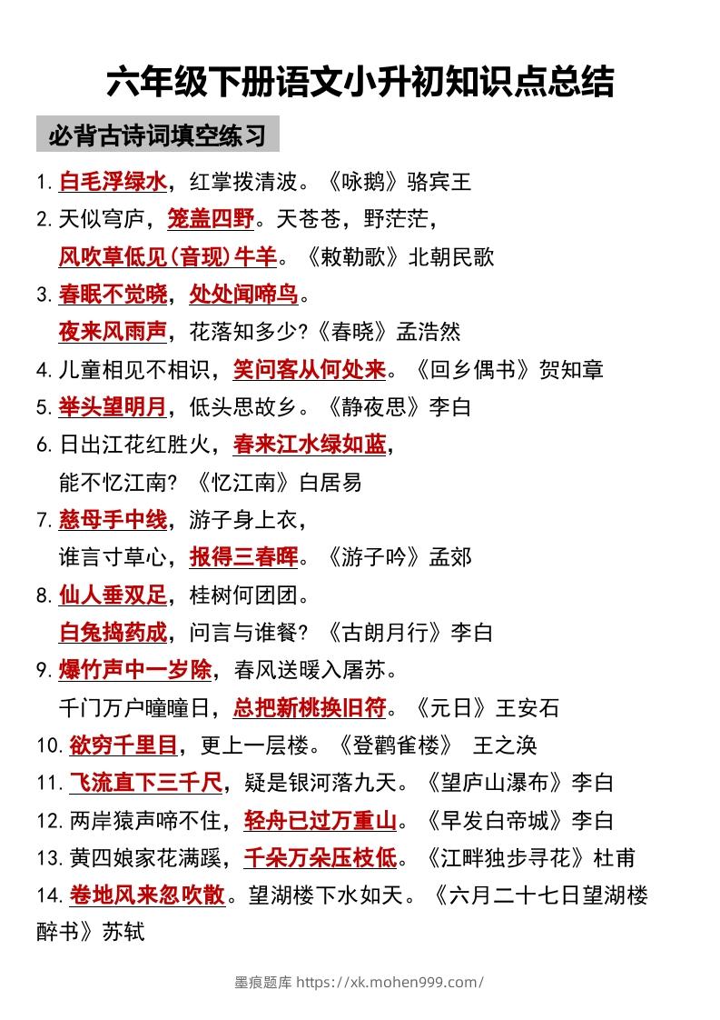 图片[1]-六年级下册语文小升初知识点总结-墨痕题库