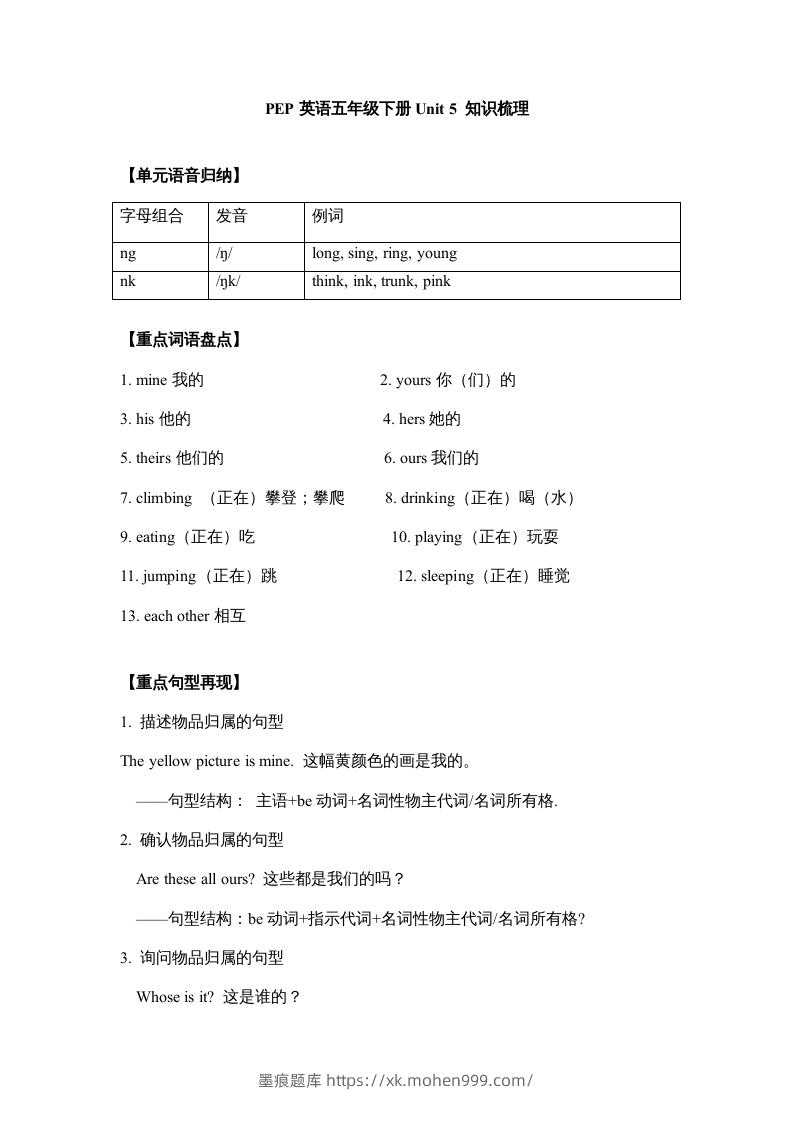图片[1]-五年级英语下册【完美】单元知识梳理-Unit5Whosedogisit（人教PEP版）-墨痕题库