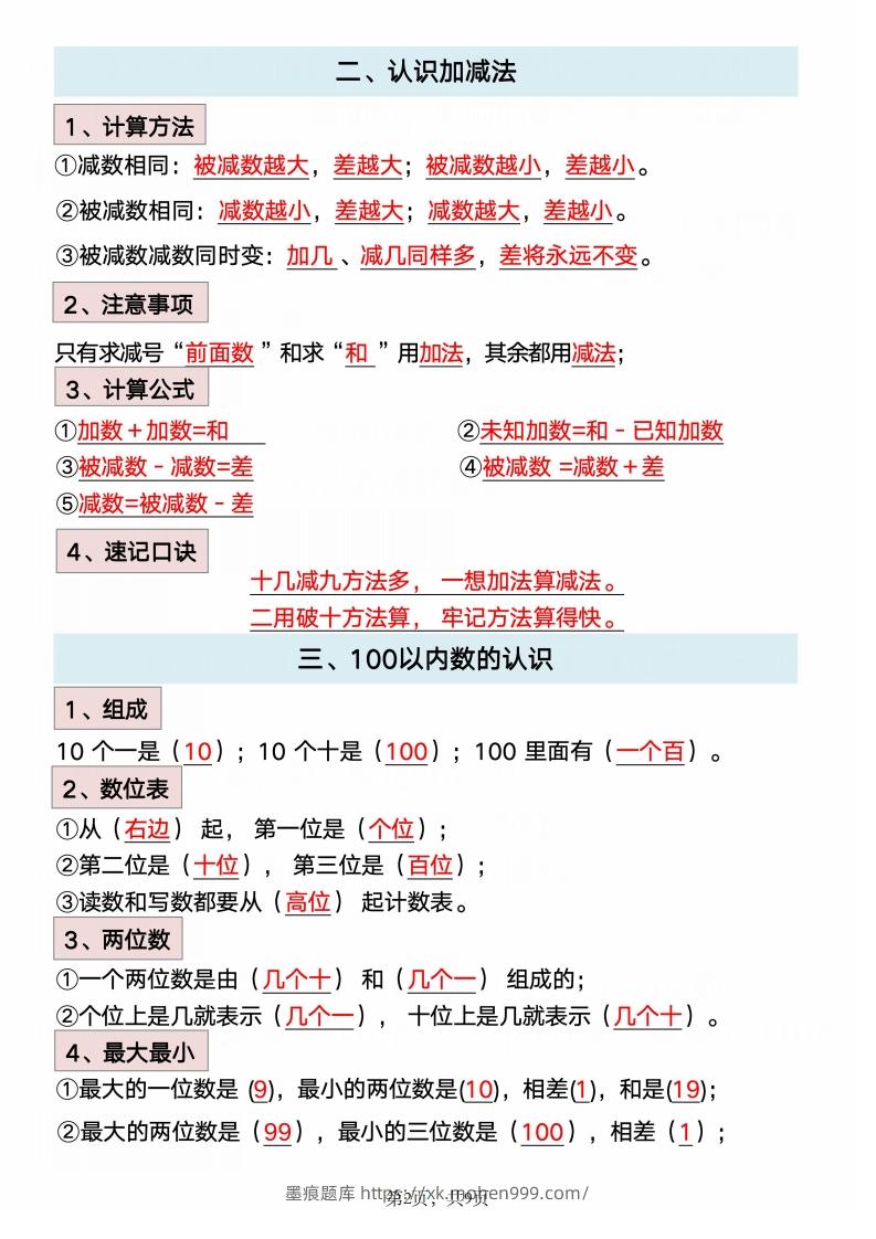 图片[2]-数学一年级下册必背知识点汇总-墨痕题库