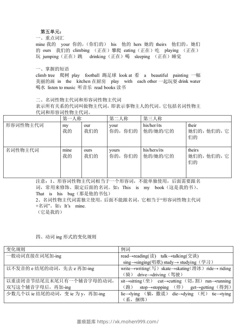 图片[1]-五年级英语下册Unit5单元知识梳理（人教PEP版）-墨痕题库