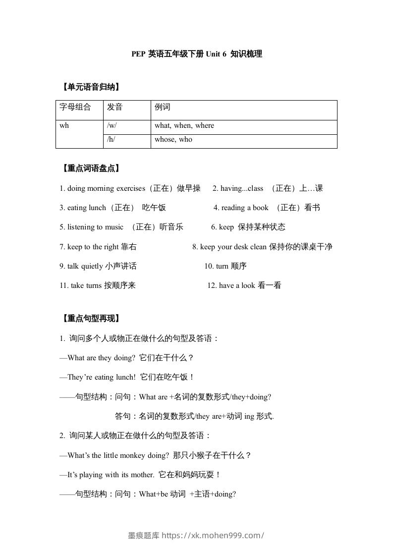 图片[1]-五年级英语下册【完美】单元知识梳理-Unit6Workquietly（人教PEP版）-墨痕题库