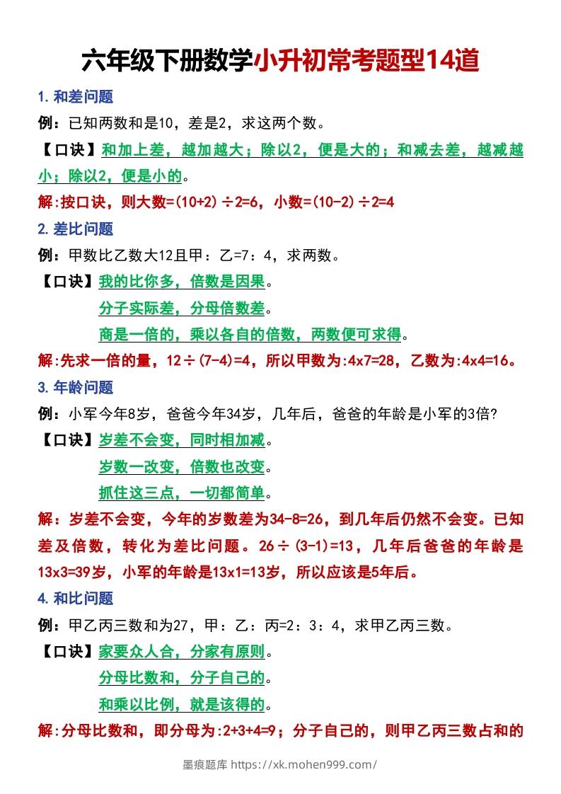 图片[1]-六年级下册数学小升初常考题型14道-墨痕题库