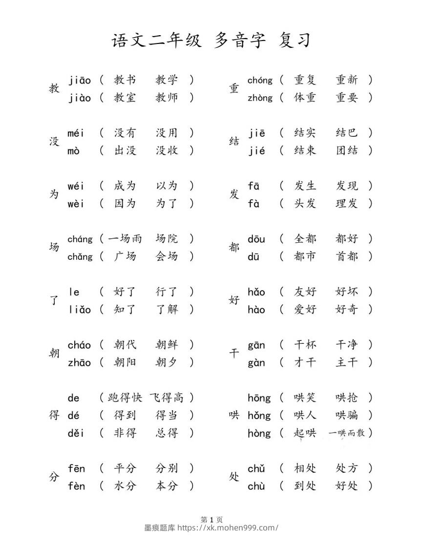 图片[1]-二下语文【多音字汇总归纳】-墨痕题库