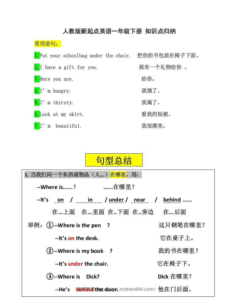 图片[1]-一年级英语下册一起点知识点汇总-墨痕题库