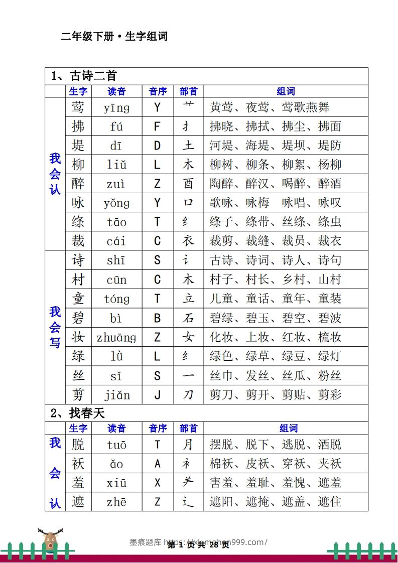 1.12二下生字组词(一类生字+二类生字)-墨痕题库