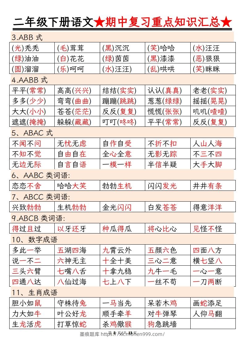 图片[2]-【期中重点知识汇总】二下语文-墨痕题库