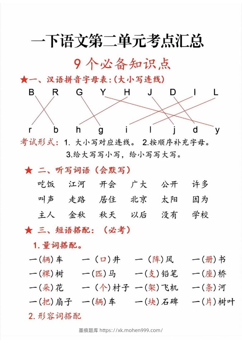 图片[1]-一年级语文下册第二单元考点-墨痕题库