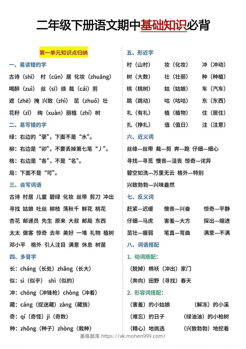 二年级下册期中基础知识必背-墨痕题库